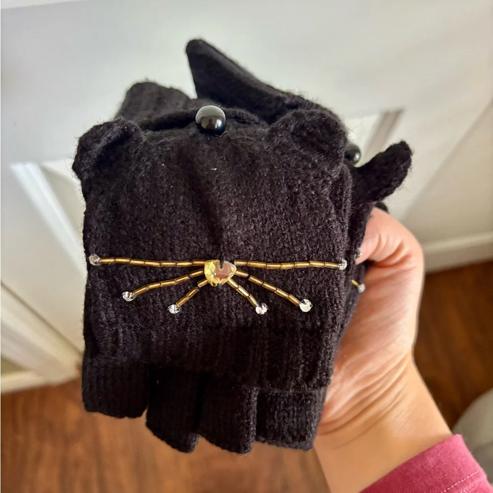 NWT Kate Spade New York Black Embellished Knit Mittens | Designer Winter Gloves